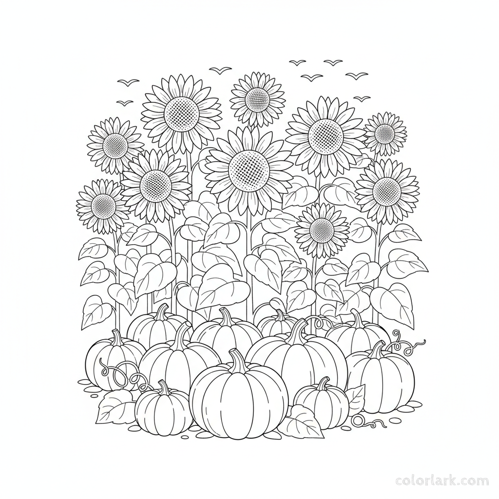 Black and white line art of sunflowers and pumpkins in a harvest scene
