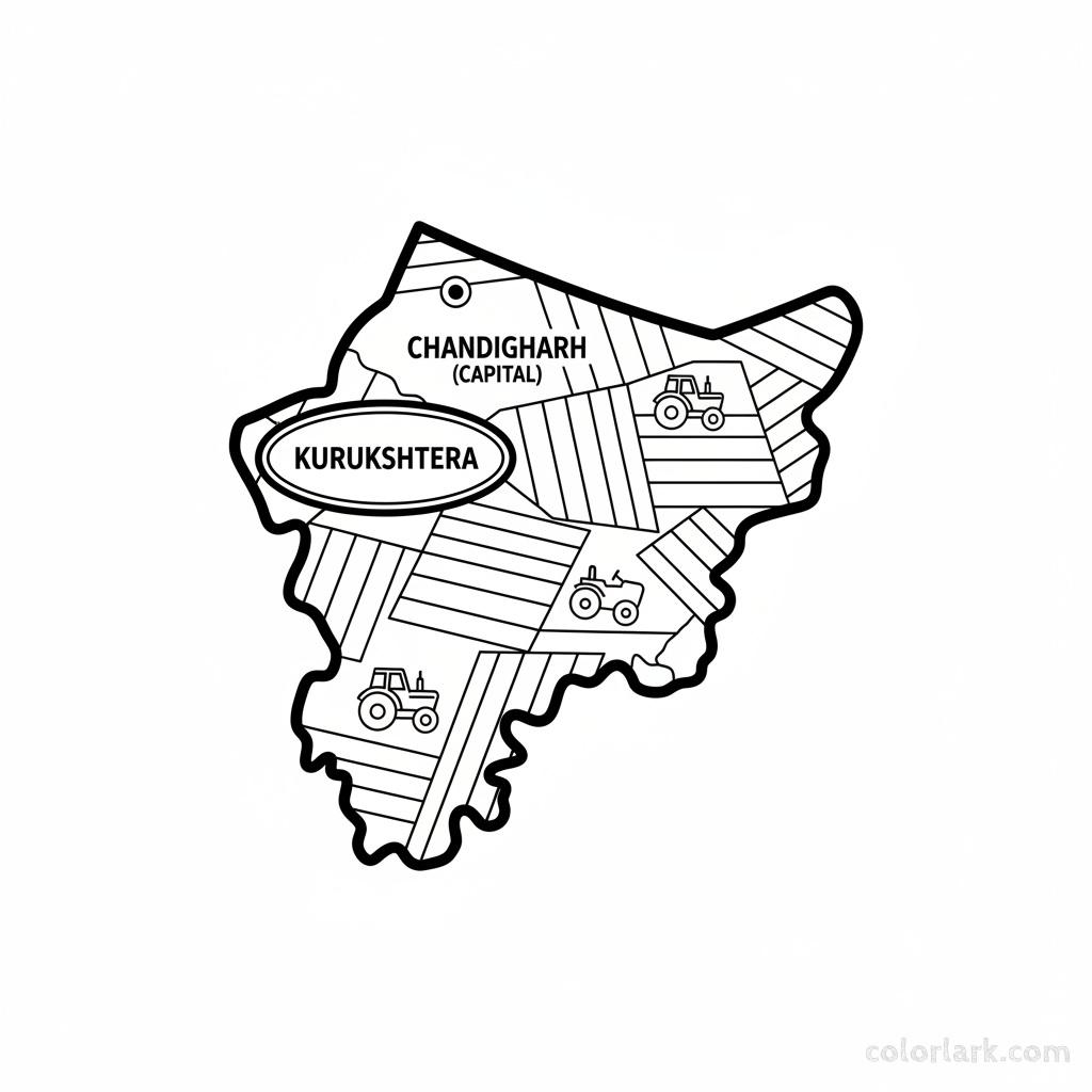 Line art coloring map of Haryana state, featuring the Kurukshetra region and subtle agricultural elements.