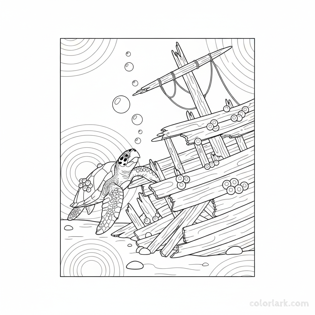 Black and white line art coloring page of a hawksbill sea turtle exploring the remains of an old shipwreck.
