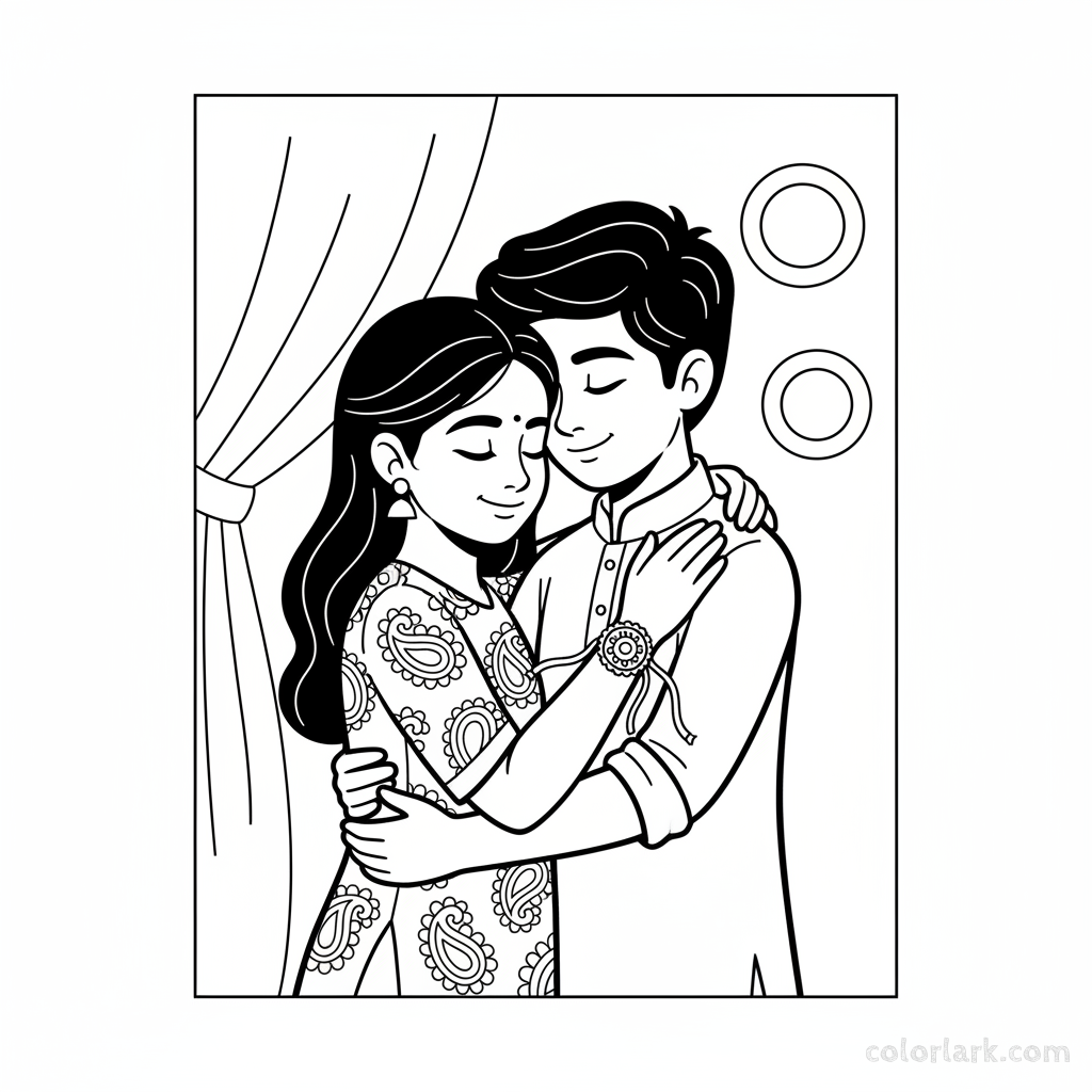 Line art of a brother and sister sharing a heartwarming hug after the Rakhi ceremony