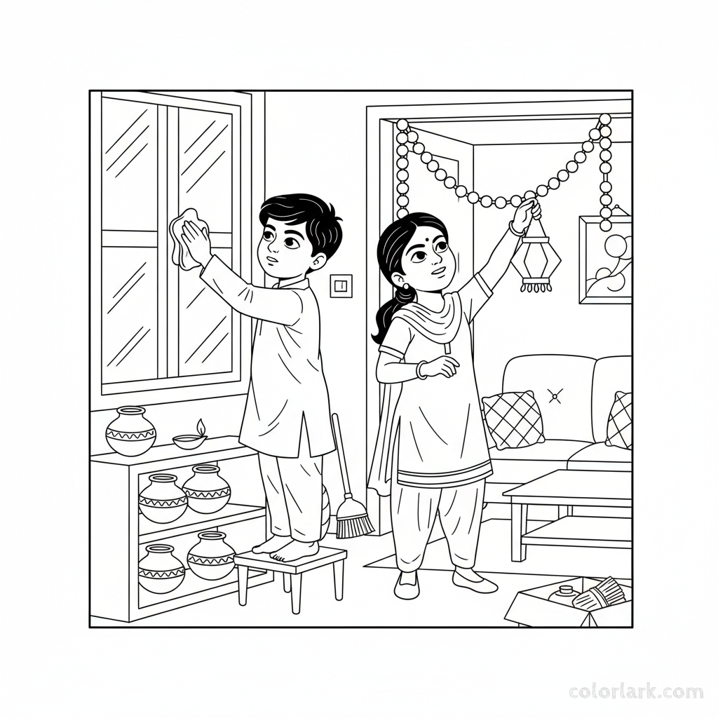 Helpful children cleaning and decorating their home for the Diwali festival, engaged in preparations, black-and-white line art