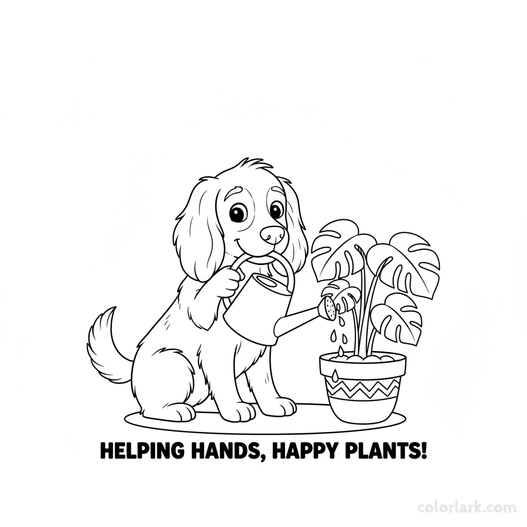 Black and white line art of a helpful dog holding a watering can and tilting it to water a potted plant, for young learners.