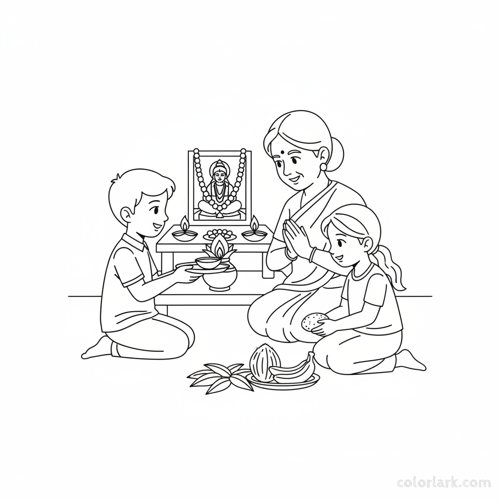Helpful children assisting an elder with various Diwali puja preparations at home, showing respect, black-and-white line art