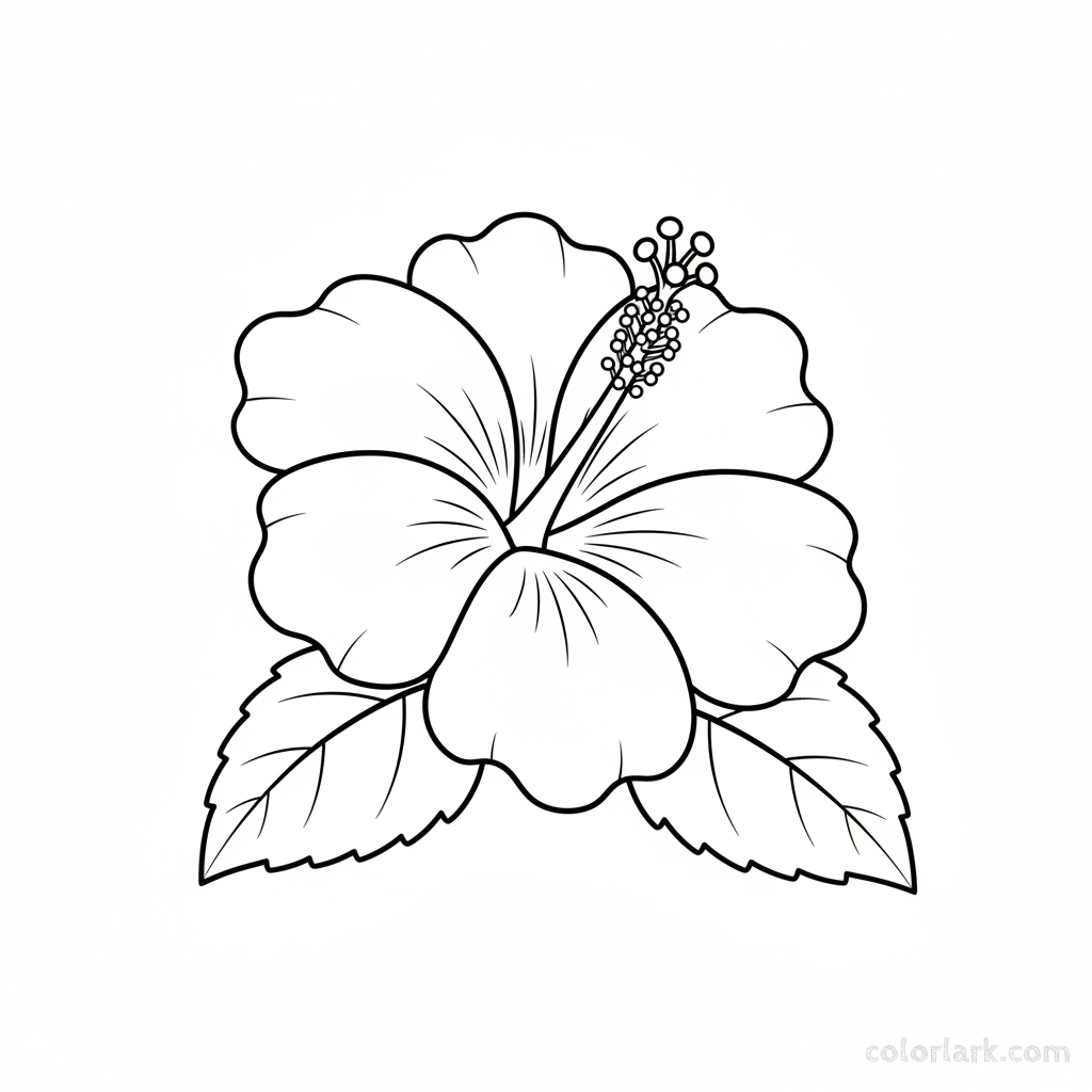 Black and white line art of a single hibiscus flower with a visible stamen and a few leaves.