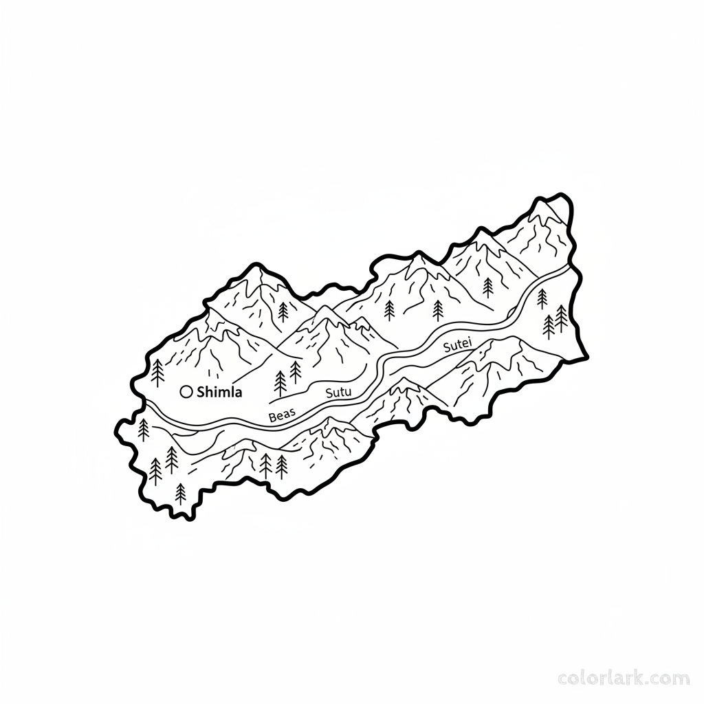 Line art coloring map of Himachal Pradesh state, featuring Shimla, prominent Himalayan mountains, and pine trees.