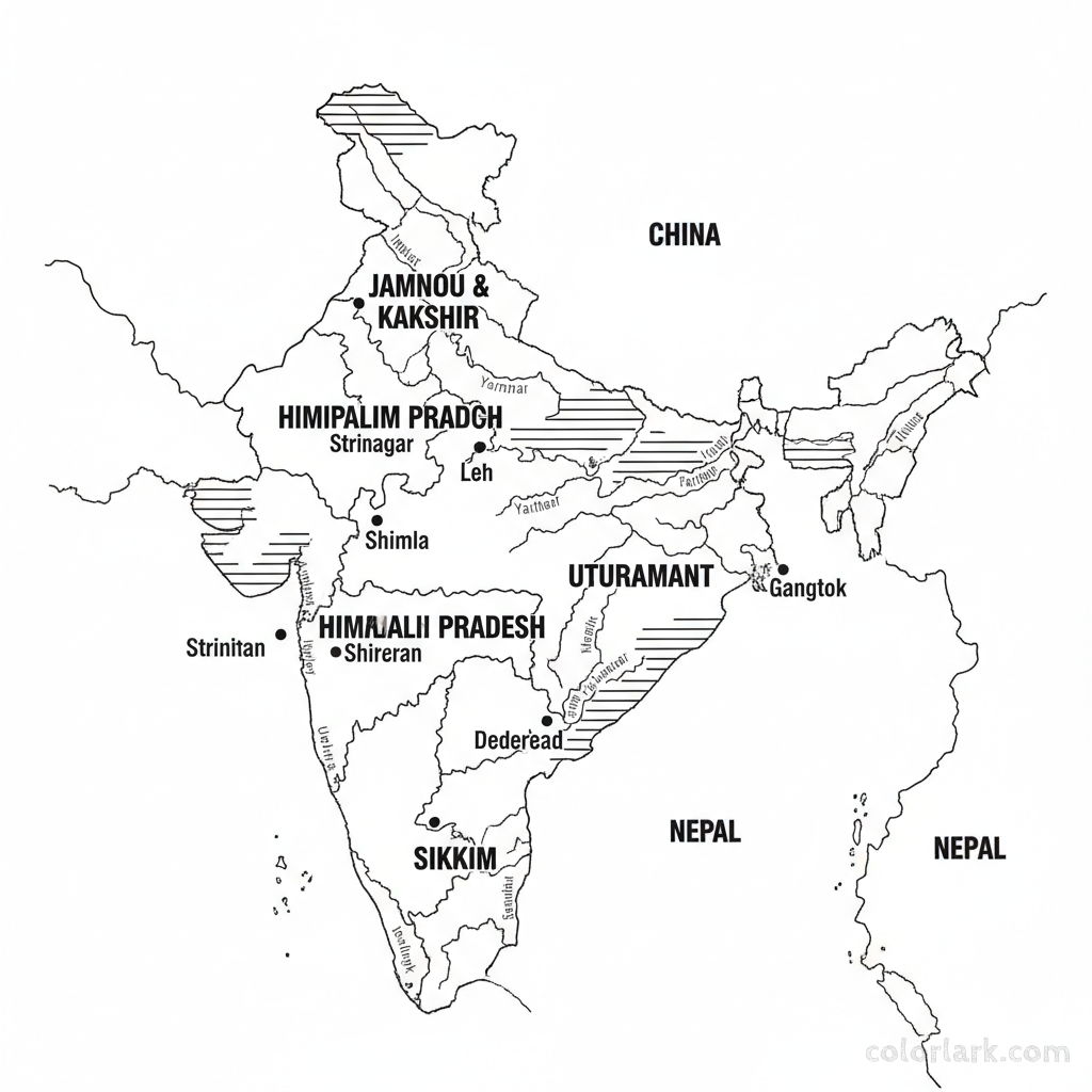 Line art coloring map of Indian Himalayan states and UTs, including Jammu & Kashmir, Ladakh, Himachal Pradesh, Uttarakhand, and Sikkim.