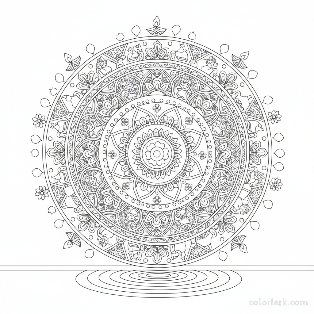 Holi Rangoli coloring page with diyas and flower petals