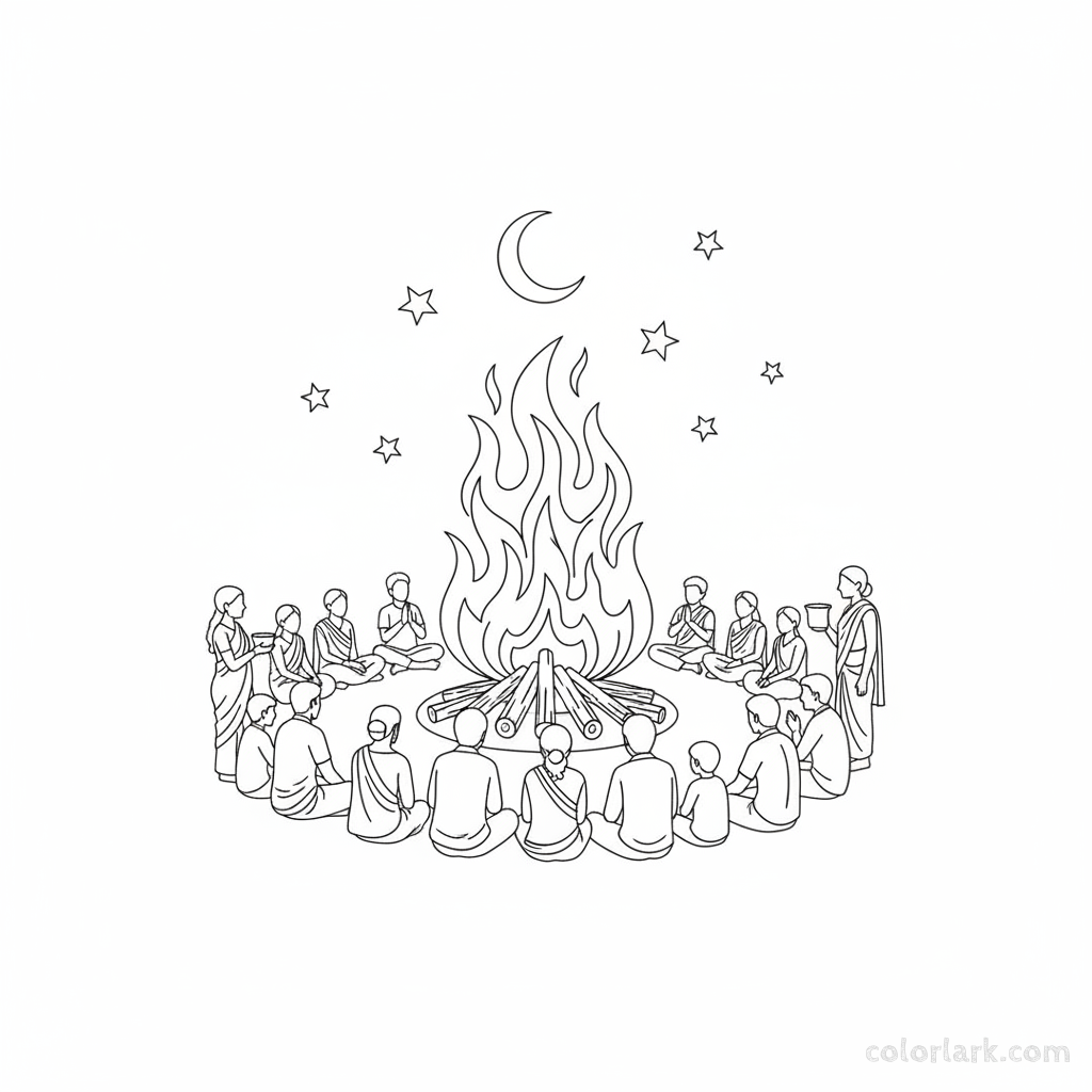 Holika Dahan bonfire coloring page for Holi festival.