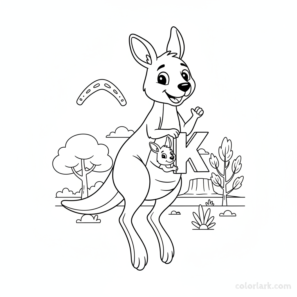 Black and white line art of a hopping kangaroo with the letter K in its pouch.