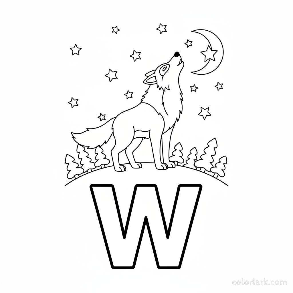 Black and white line art of a howling wolf under a moon with the letter W.