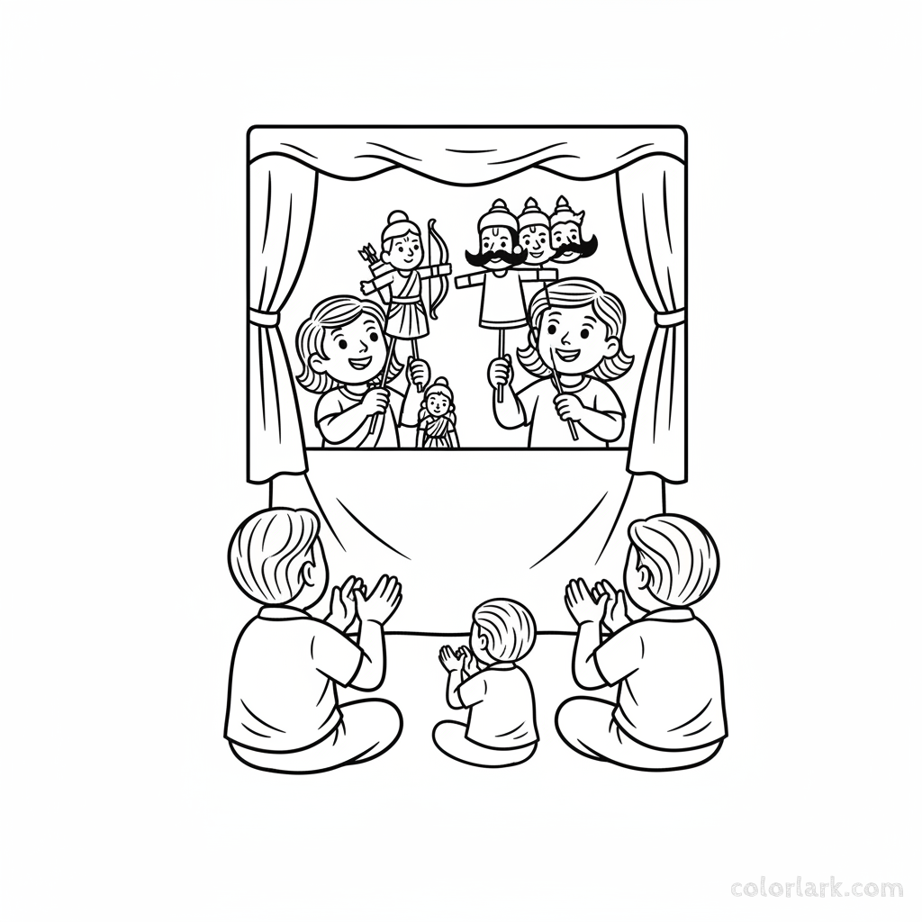 Imaginative children presenting a Diwali puppet show with simple stick puppets to their family audience, black-and-white line art