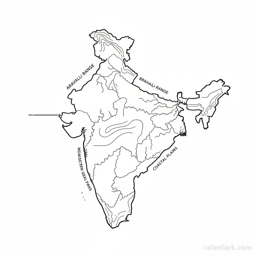 Black and white line art coloring page of India's physical map, showing mountains, rivers, and plateaus without political borders.