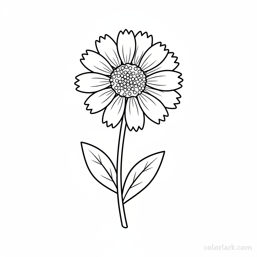 Black and white line art of a single Indian blanket flower (Gaillardia) with distinctive ray and disc florets, stem, and leaves.