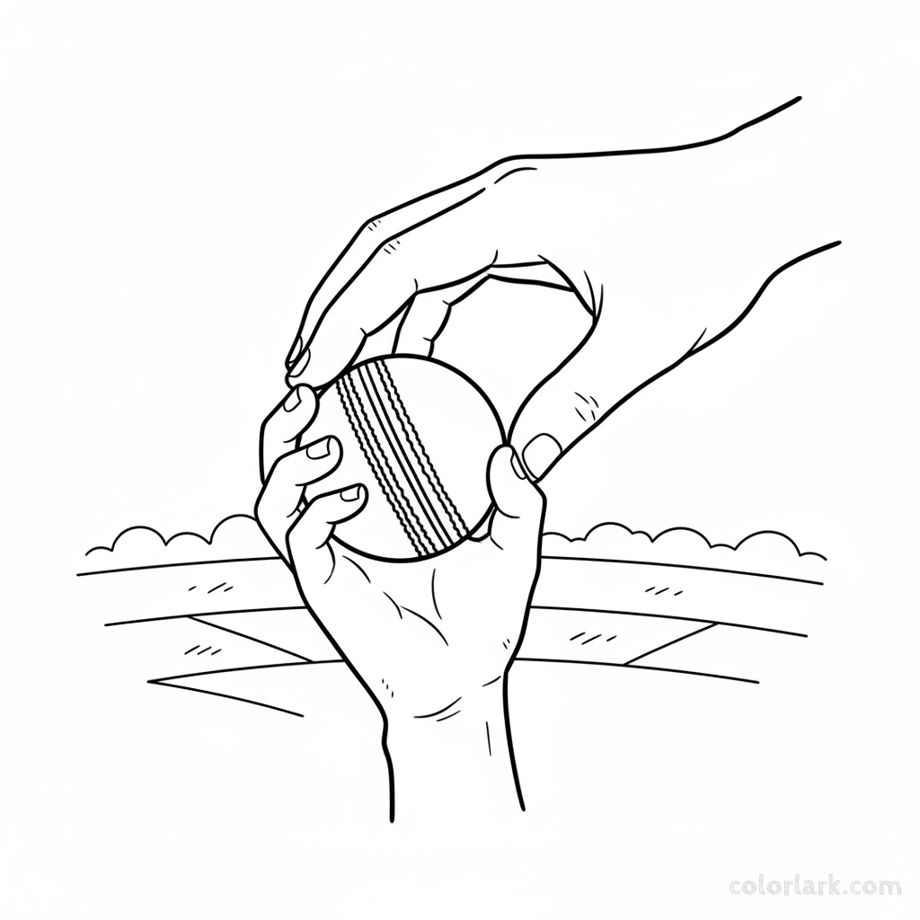 Indian boy practicing seam bowling grip with coach's instruction, black and white line art.