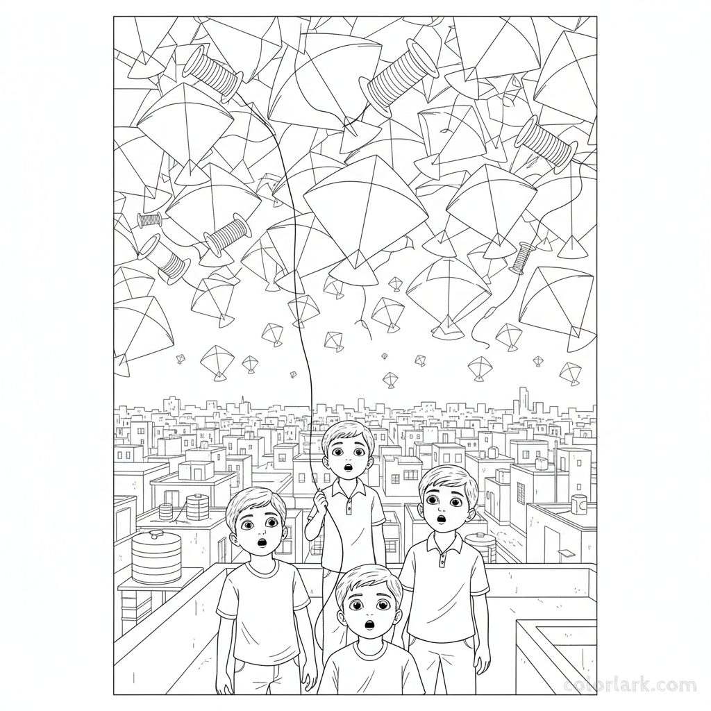 Line art of Indian boys and a sky full of kites from an Indian high-rise rooftop, suitable for coloring.
