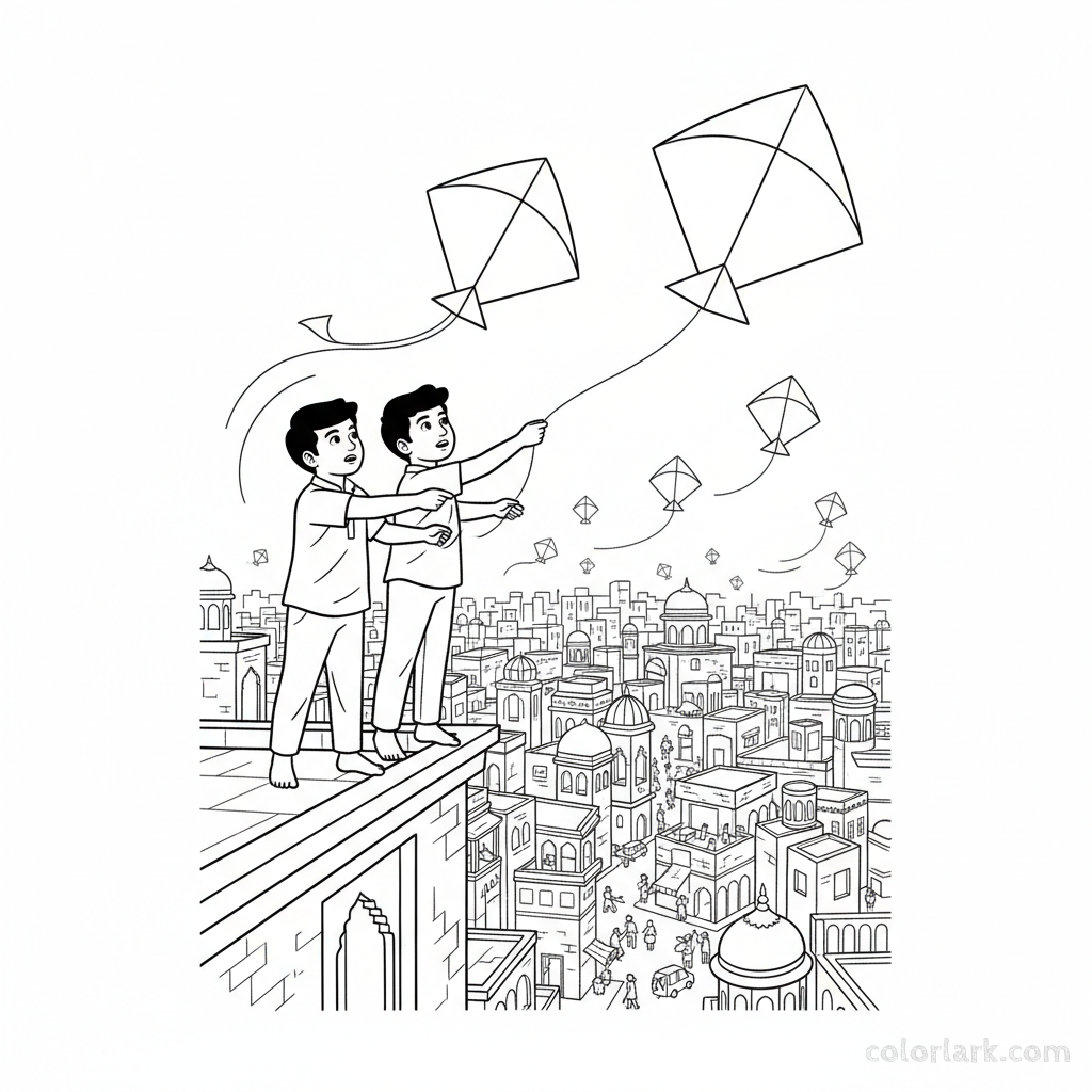 Line art of Indian boys and their paper kites soaring over an Indian bustling city, for coloring.