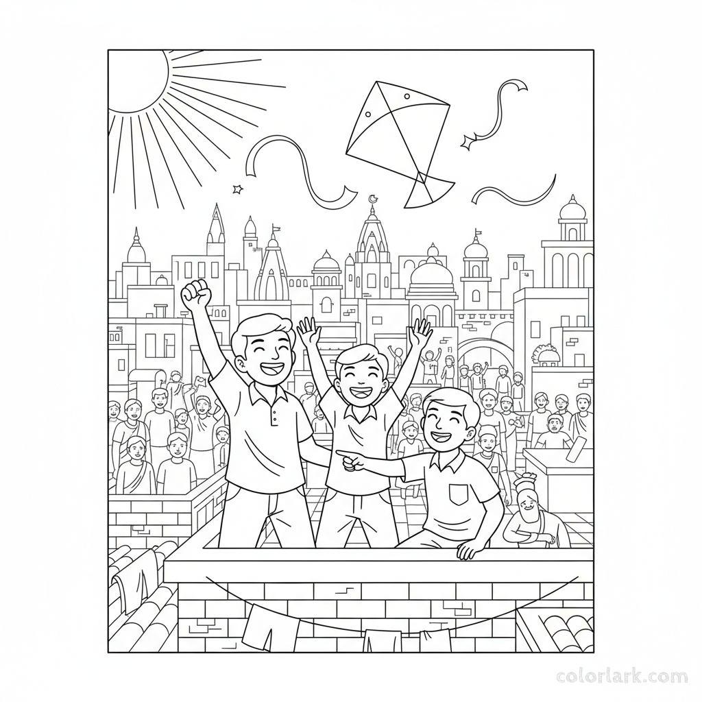 Line art of Indian boys celebrating a kite victory on a crowded Indian city rooftop, for coloring.