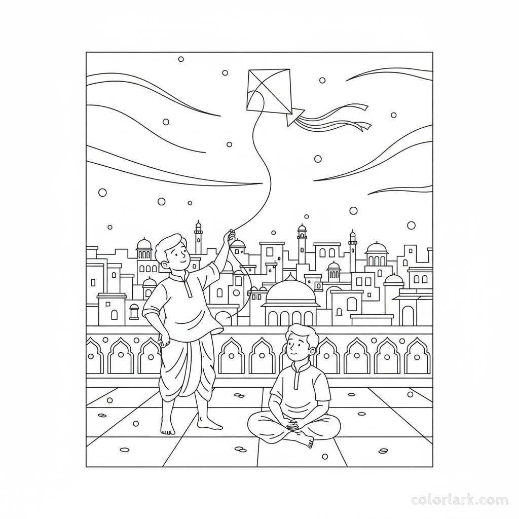 Line art of Indian boys enjoying evening breeze with kites on an open Indian city terrace, for coloring.