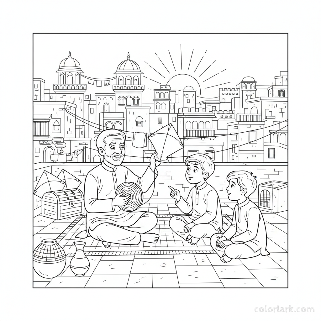Line art of Indian boys learning kite flying traditions from an elder on an Indian city rooftop, for coloring.