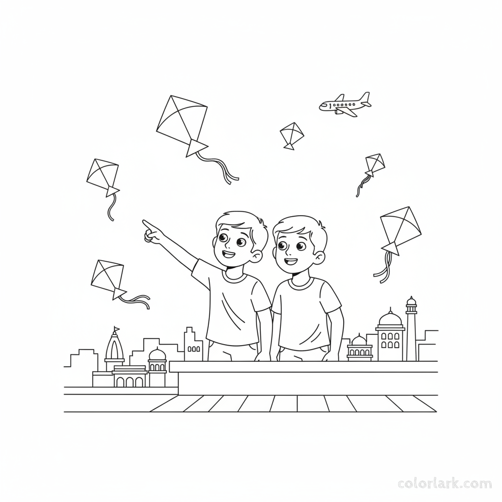 Line art of Indian boys pointing to a distant airplane while flying kites on an Indian city rooftop, for coloring.