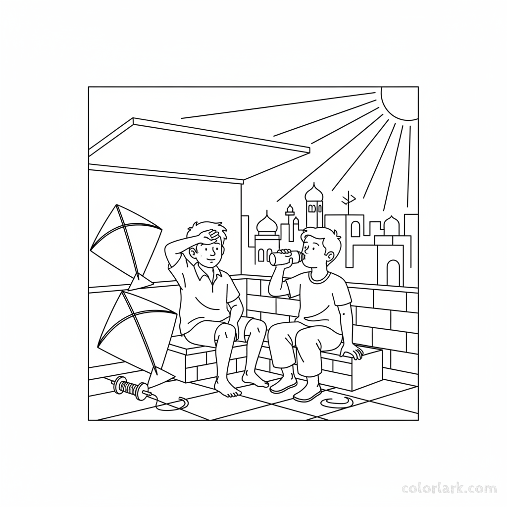 Line art of Indian boys taking a break from kite flying on an Indian shady city rooftop, for coloring.