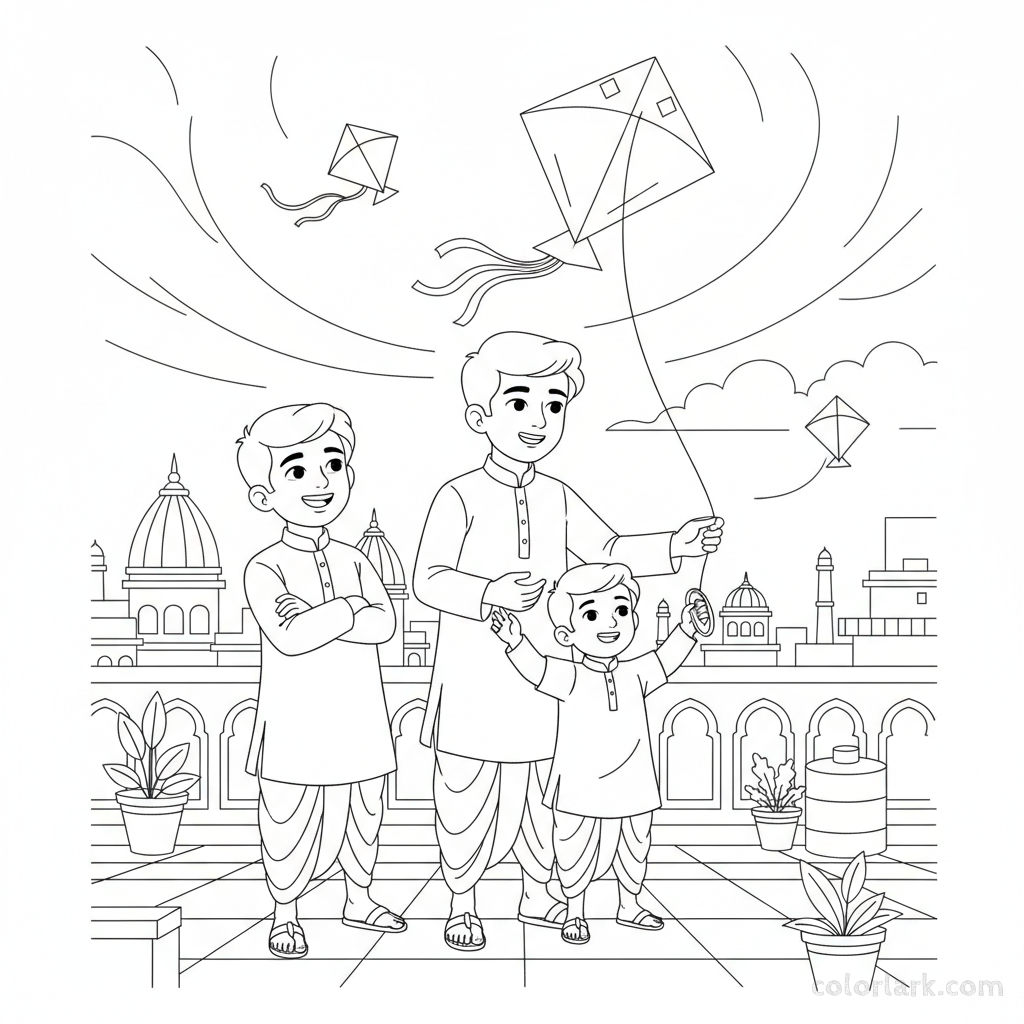 Line art of Indian boys teaching a younger sibling kite flying on an Indian safe city rooftop, for coloring.