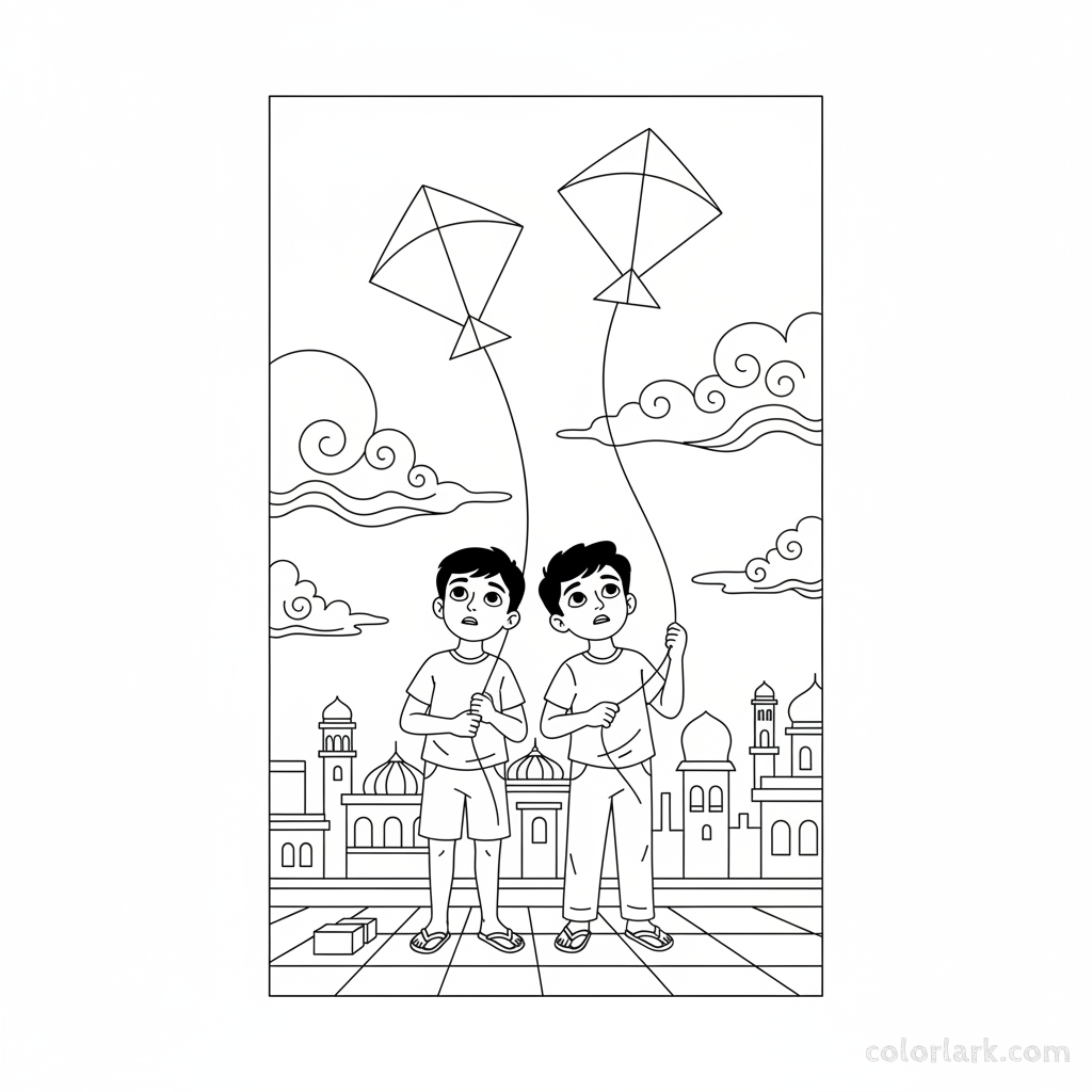 Line art of Indian boys watching kites disappear into clouds from an Indian city rooftop, for coloring.