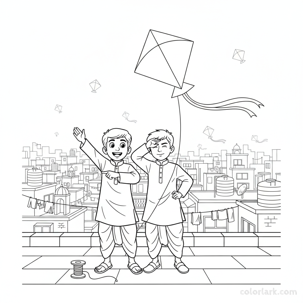 Line art of Indian boys waving to distant kite flyers from their Indian city rooftop, for coloring.