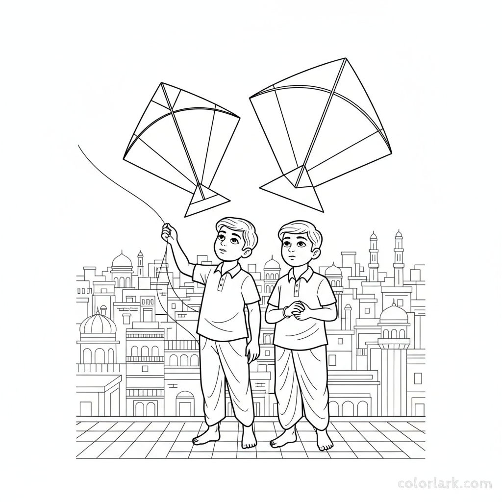 Line art of Indian boys with kites against a grey Indian city backdrop, suitable for coloring.