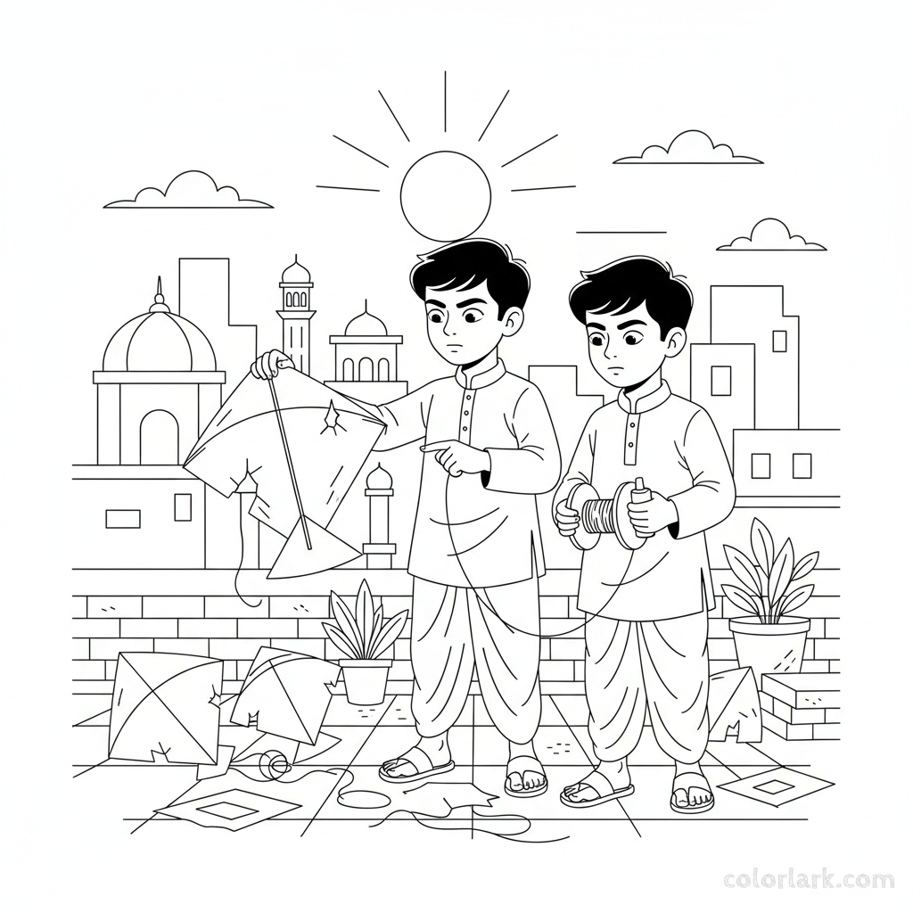Line art of Indian boys with damaged kites on an Indian city rooftop, showing persistence, for coloring.