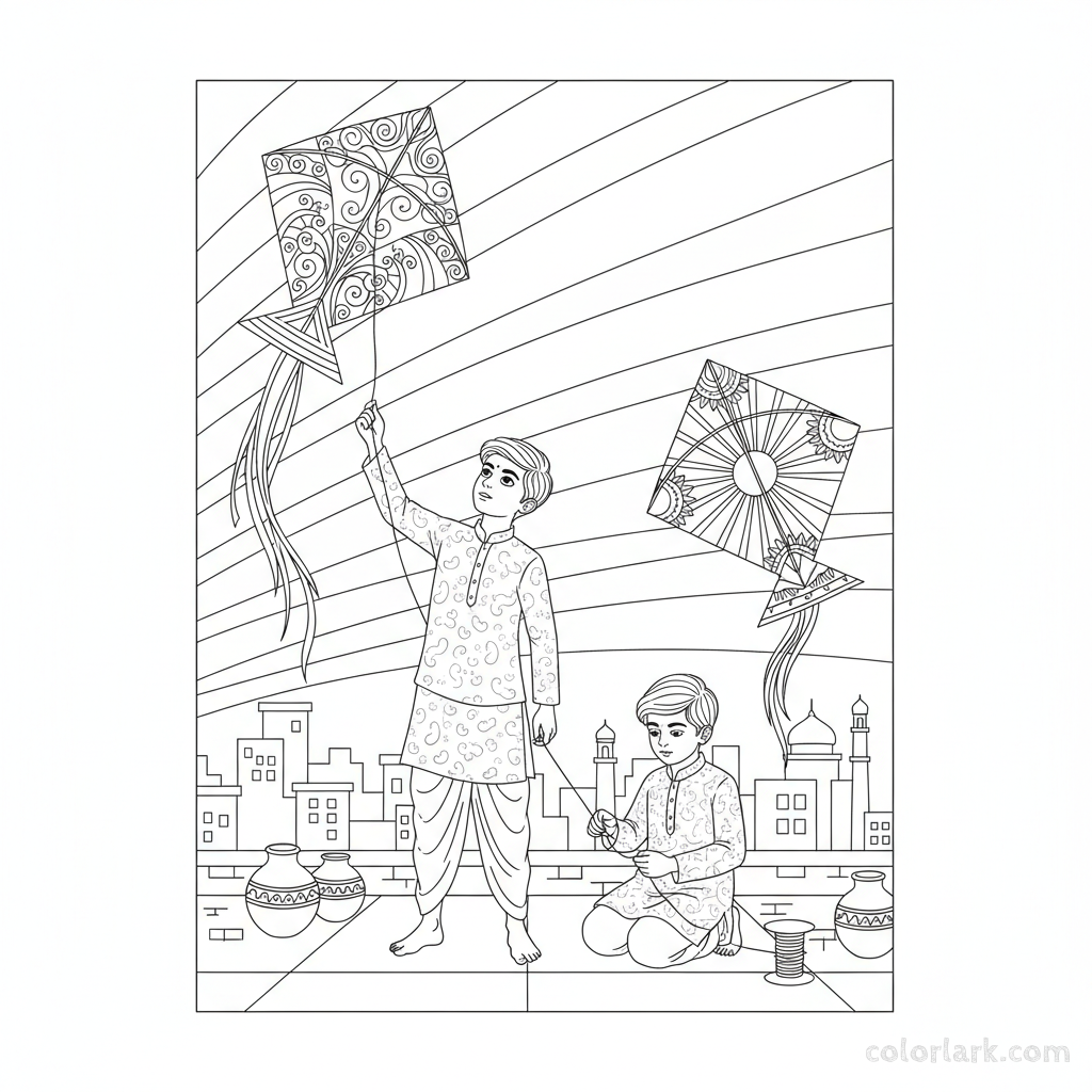 Line art of Indian boys with elaborate kites on an Indian city rooftop at dusk, suitable for coloring.