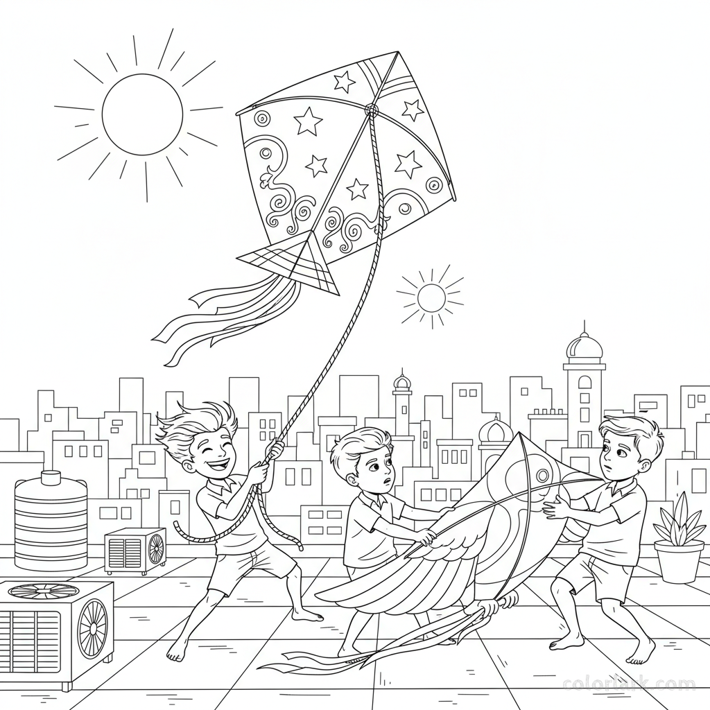 Line art of Indian boys with giant kites on a sprawling Indian city rooftop, suitable for coloring.