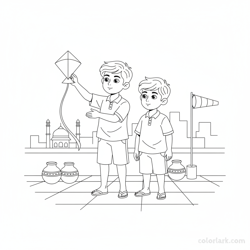 Line art of Indian boys with small kites learning wind direction on an Indian city rooftop, for coloring.