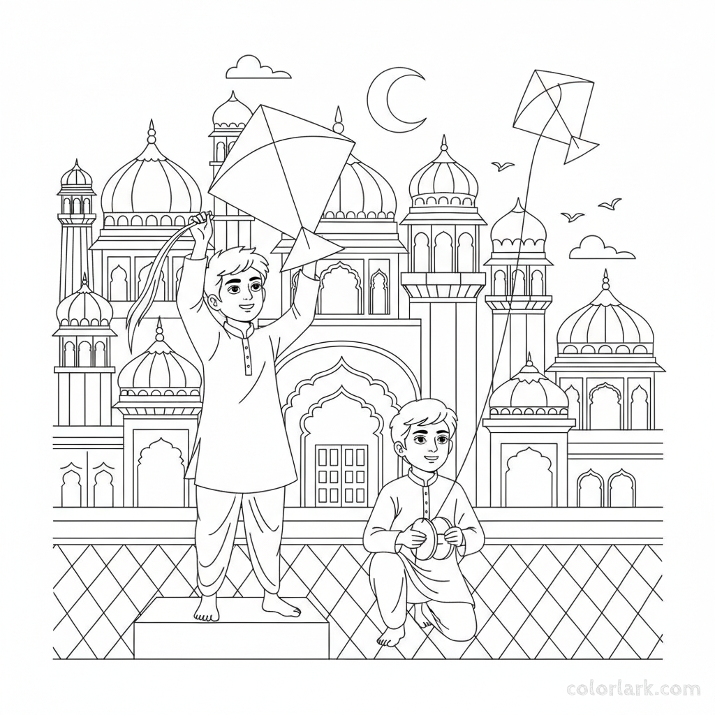 Line art of Indian boys with traditional kites against a detailed Indian city background, for coloring.