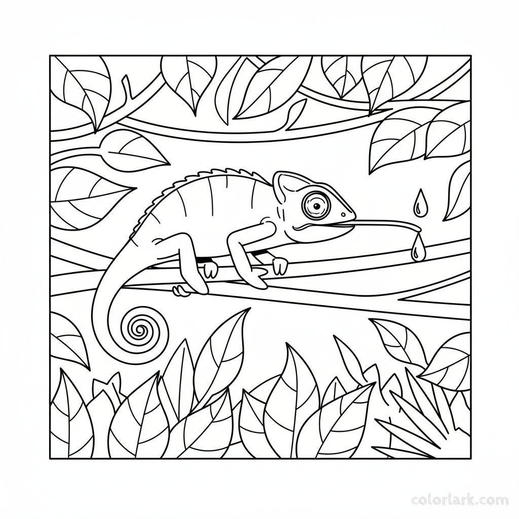 Black and white line art of an Indian chameleon stretching between branches to catch a water droplet from a leaf.