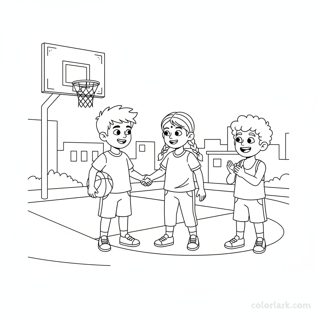 Line art of Indian children shaking hands, learning sportsmanship in street basketball, with a friend cheering.
