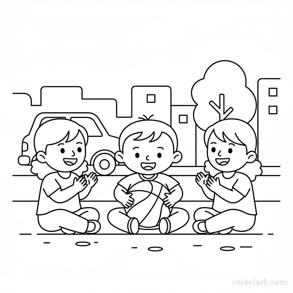 Line art of an Indian toddler's first basketball experience on a street, with older friends cheering.