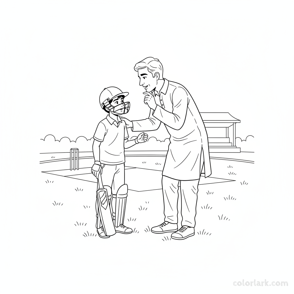 Indian coach and young boy discussing batting strategy before practice, black and white line art.