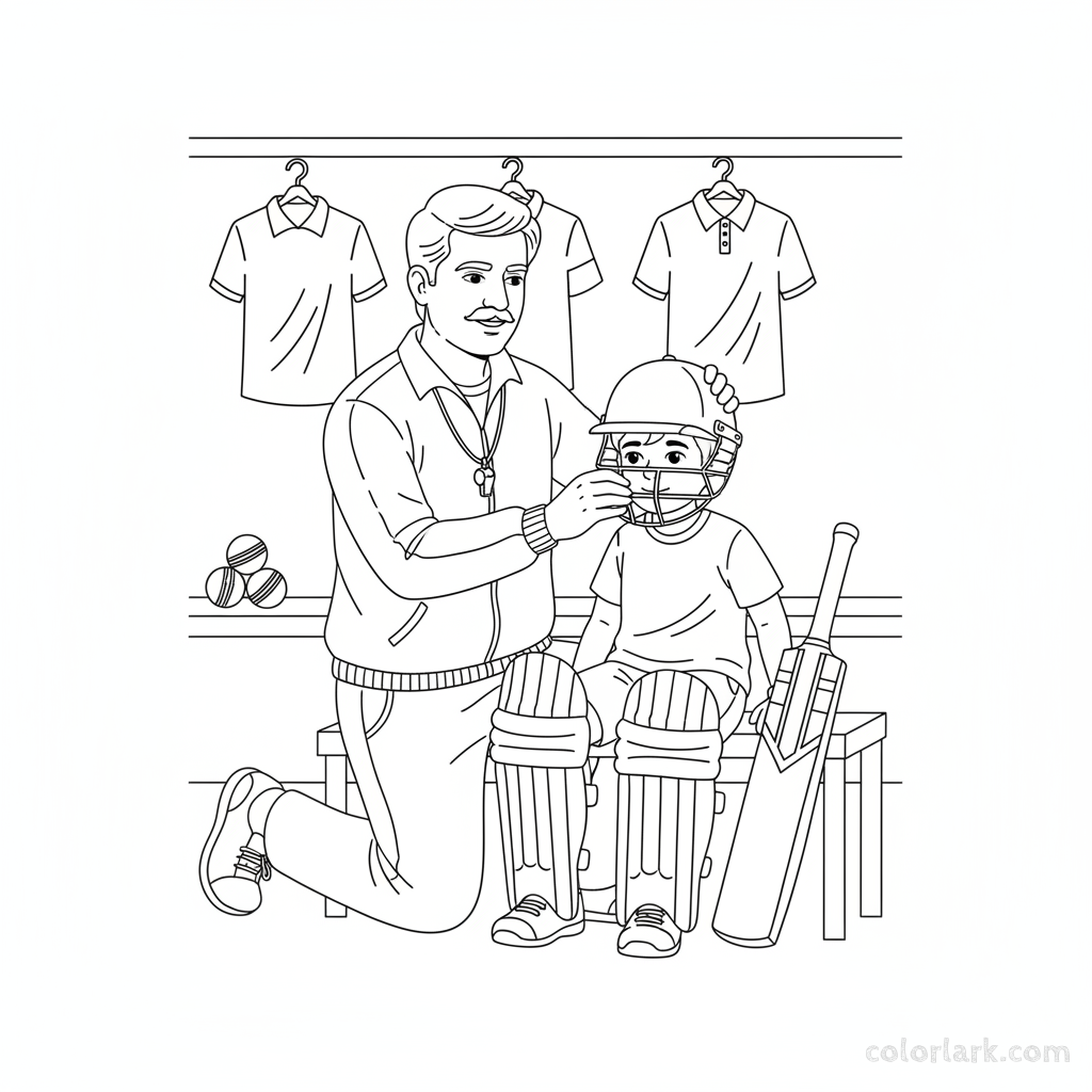 Indian coach helping kid adjust helmet and pads for safety, black and white line art.