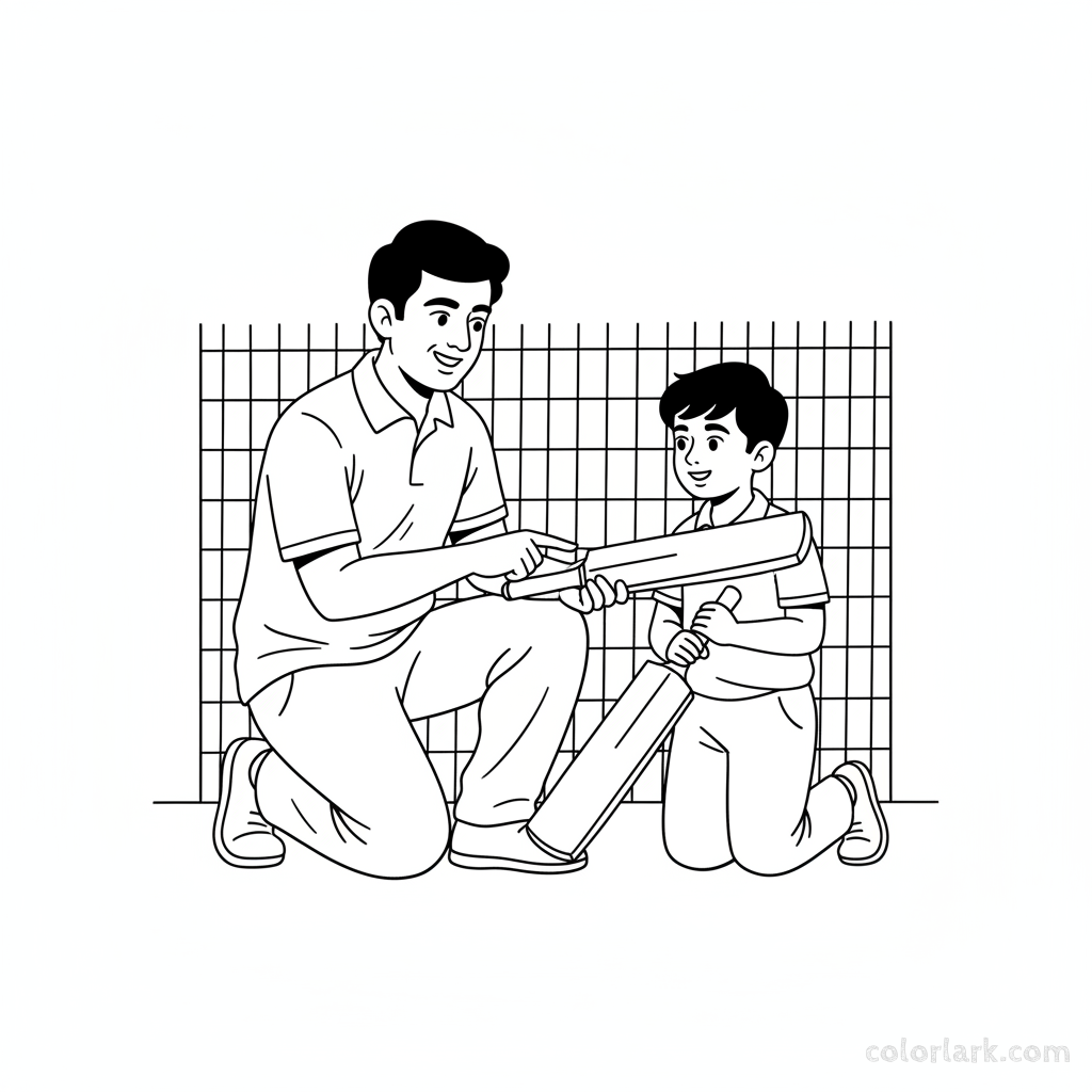 Indian cricket coach explaining batting grip to a young boy, black and white line art.