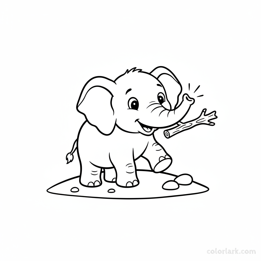 Black and white line art of an Indian elephant calf playfully attempting to play fetch with a stick.
