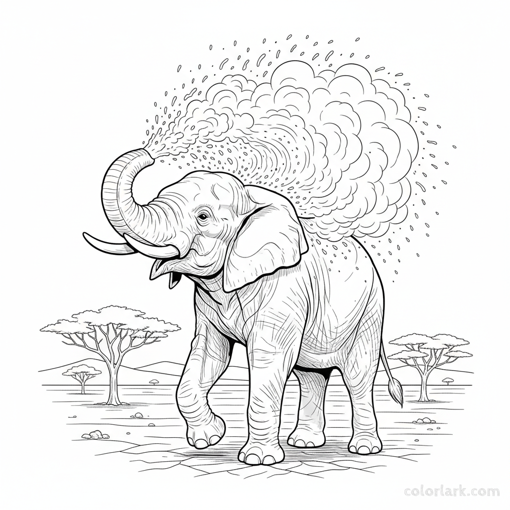 Black and white line art of an Indian elephant vigorously spraying itself with a cloud of dust.
