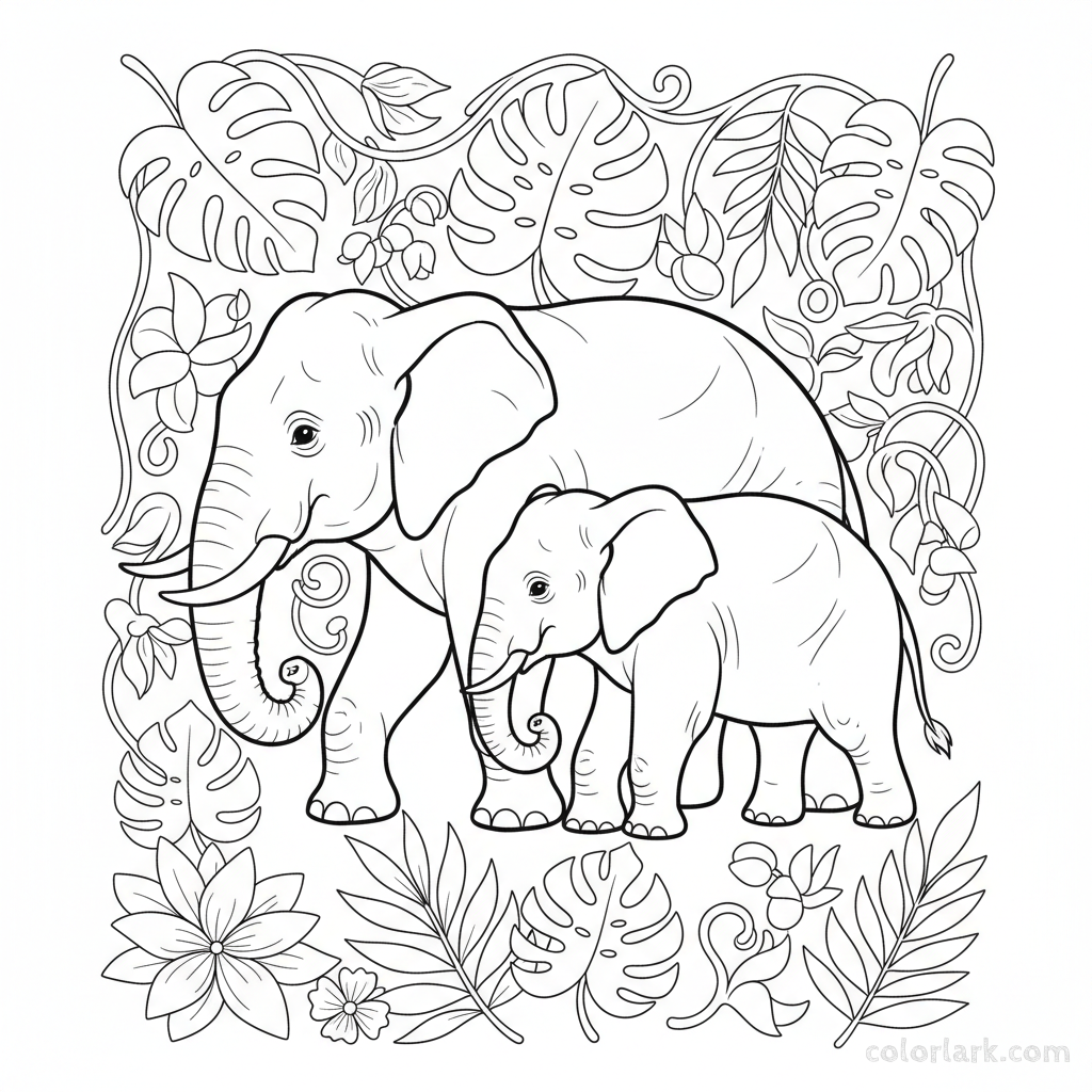 Black and white line art of an Indian elephant family walking hand-in-trunk through a dense jungle.