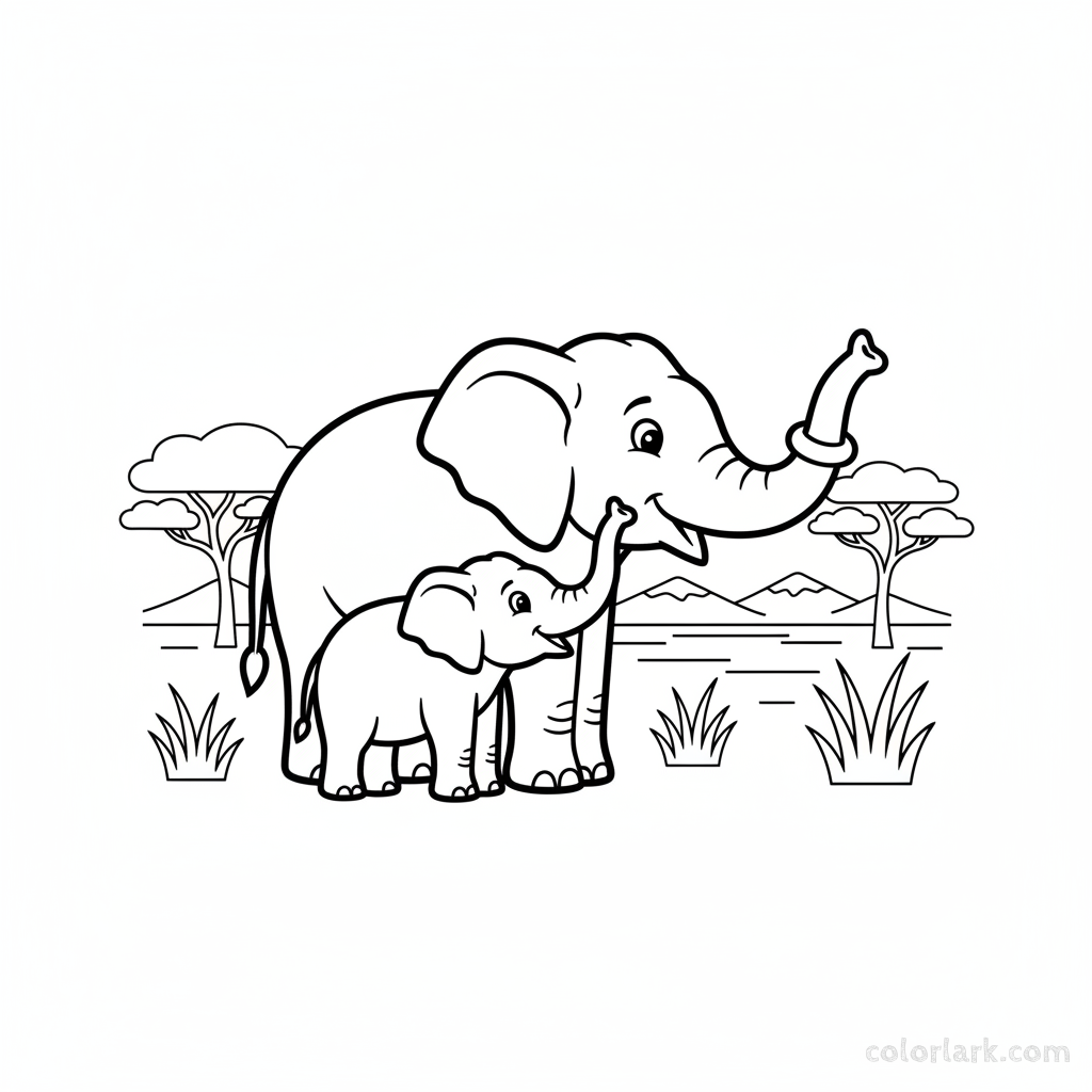 Black and white line art of an Indian elephant mother teaching her calf to trumpet.