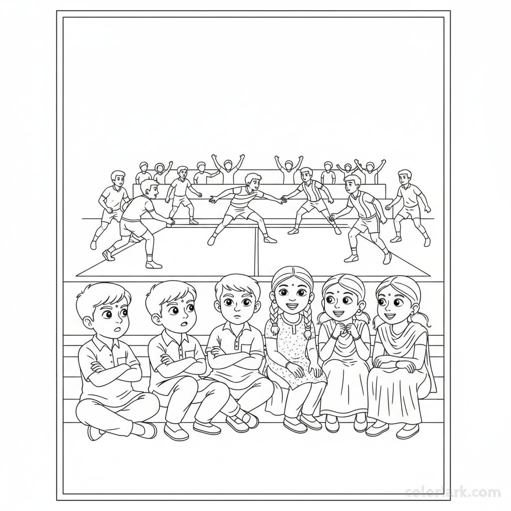 Line art of Indian girls and boys attentively watching a Kabaddi National League match.
