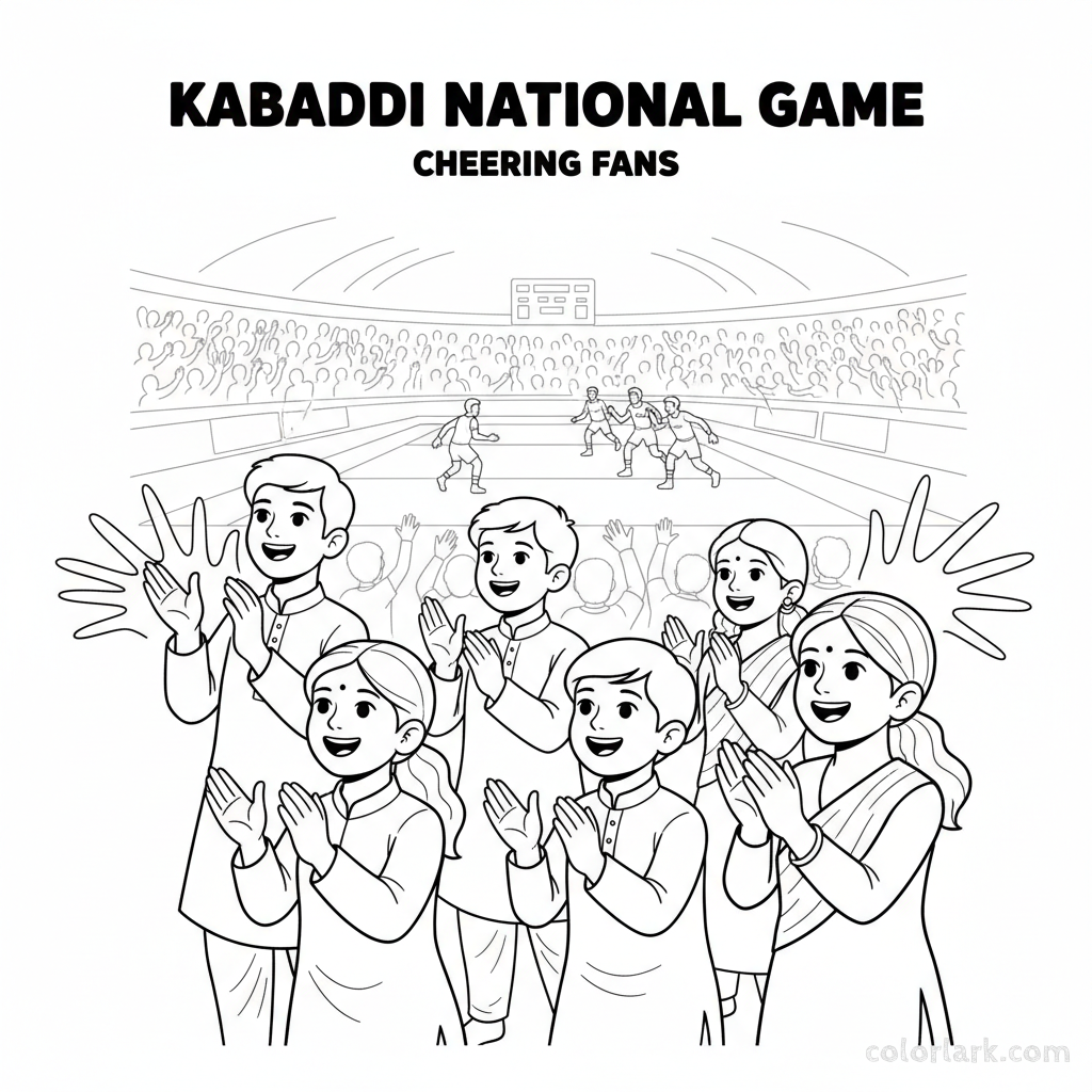 Line art of Indian children enthusiastically clapping and applauding during a Kabaddi National Game.