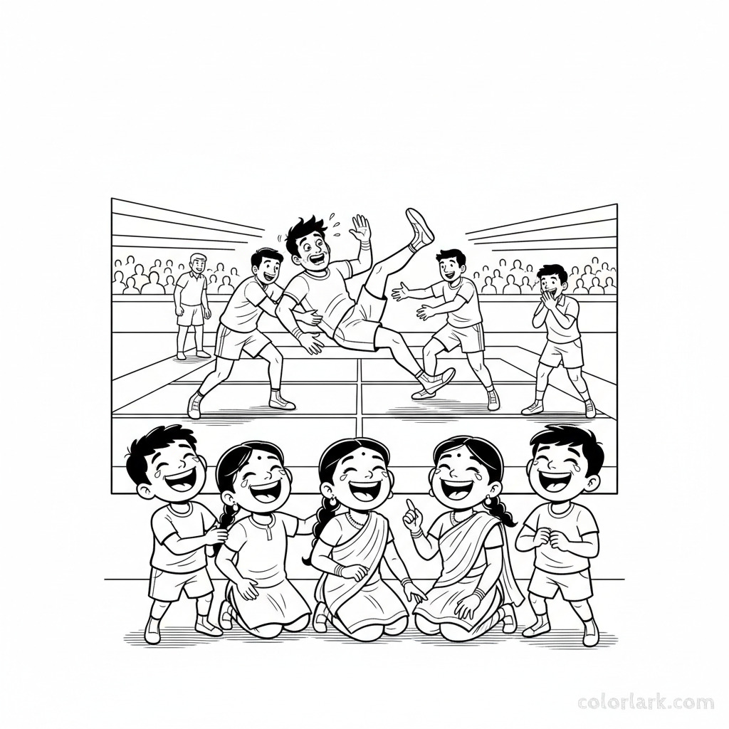 Line art of Indian children laughing together at a funny moment during a Kabaddi National Match.