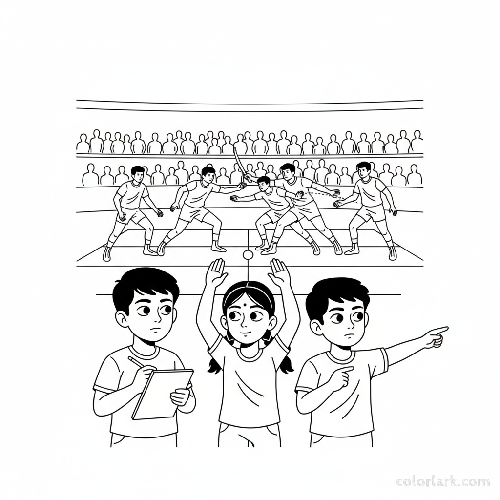 Line art of Indian children learning kabaddi techniques through observation at a National Tournament.