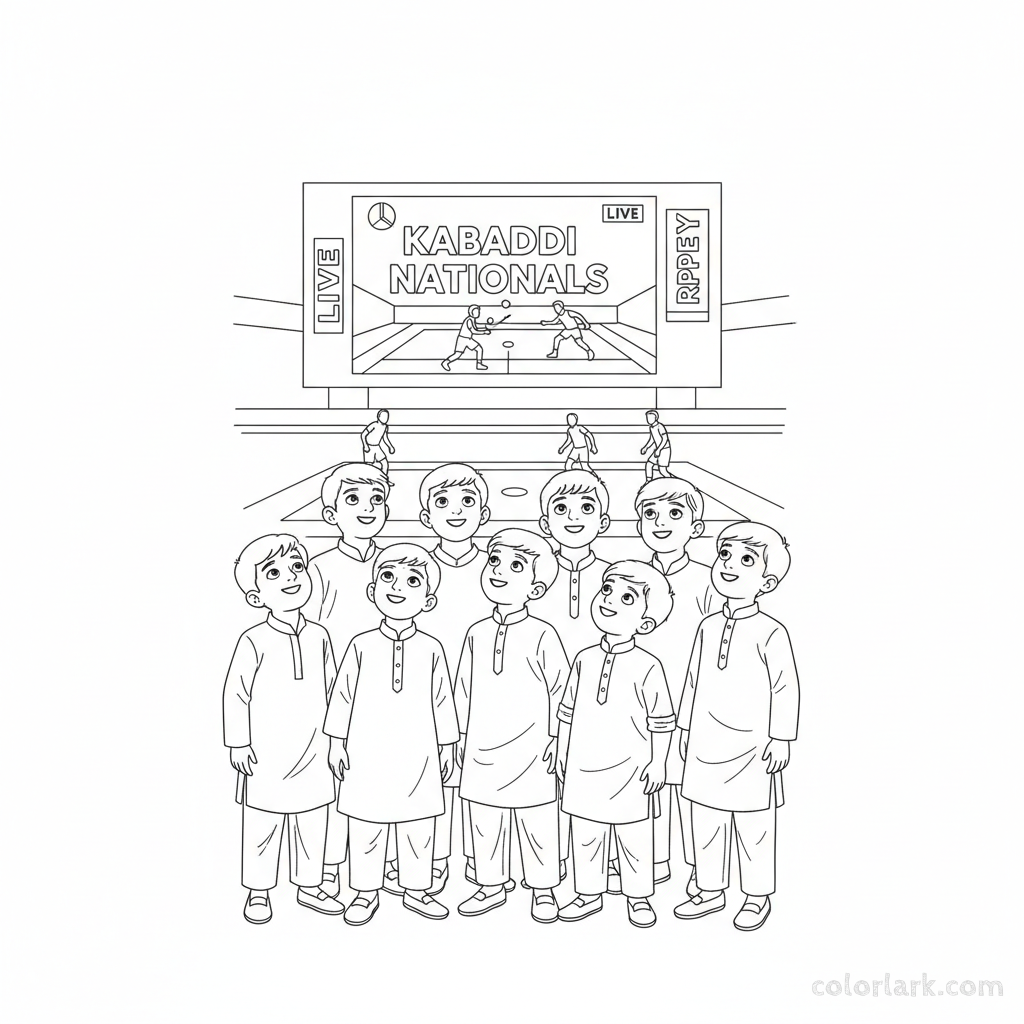 Line art of Indian children looking up at a big screen showing a Kabaddi National Championship match.