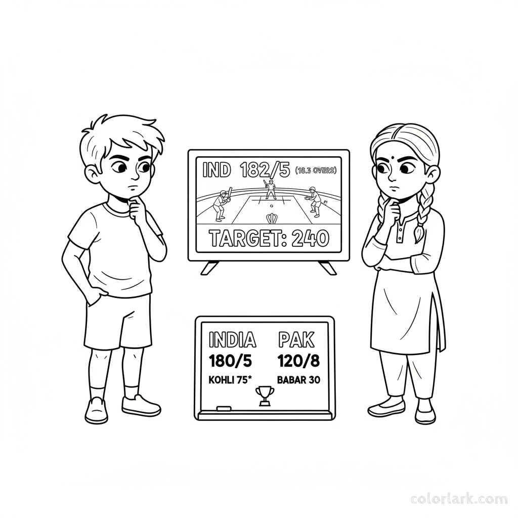 Black and white line art of Indian children making score predictions on a whiteboard while intently watching a cricket match on television.